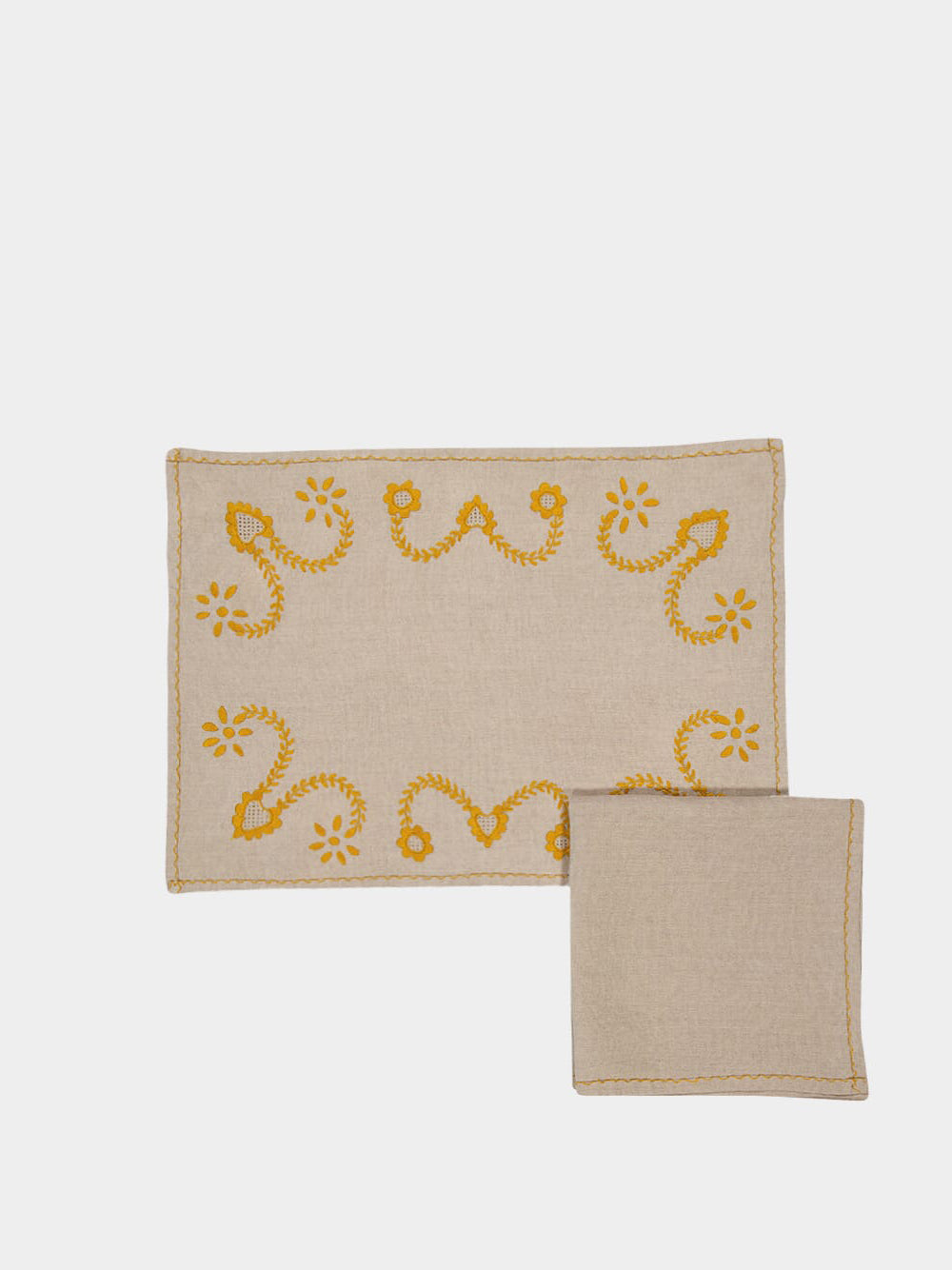 Hand Embroidered Viana Beige and Yellow Placemat and Napkin Set