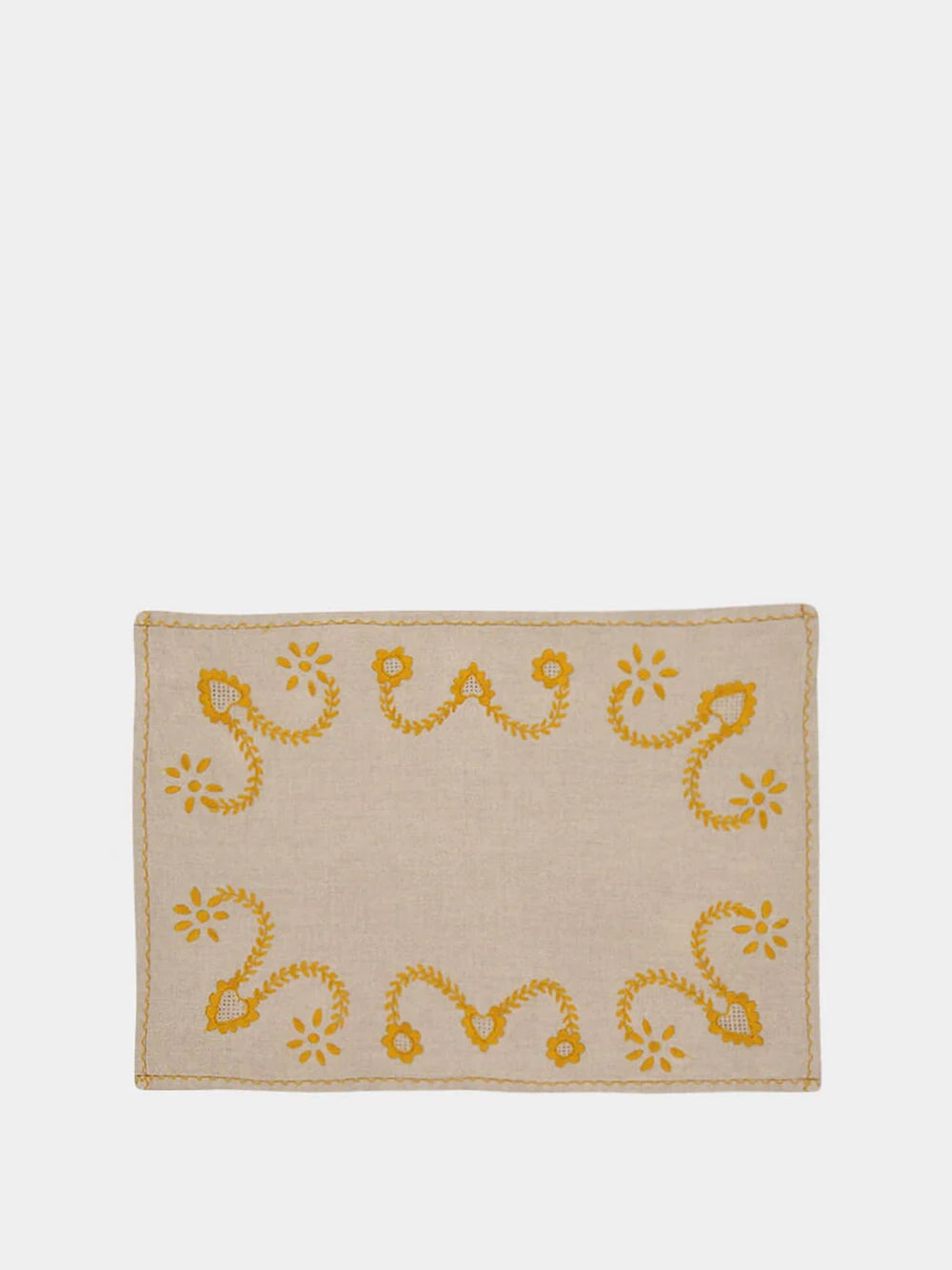 Hand-Embroidered Viana Beige Linen with Yellow Embroidery Placemat and Napkin Set