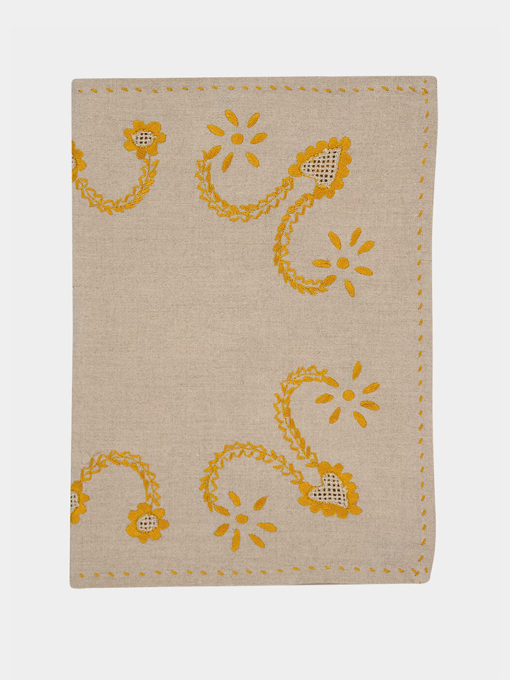 Hand-Embroidered Viana Beige Linen with Yellow Embroidery Placemat and Napkin Set