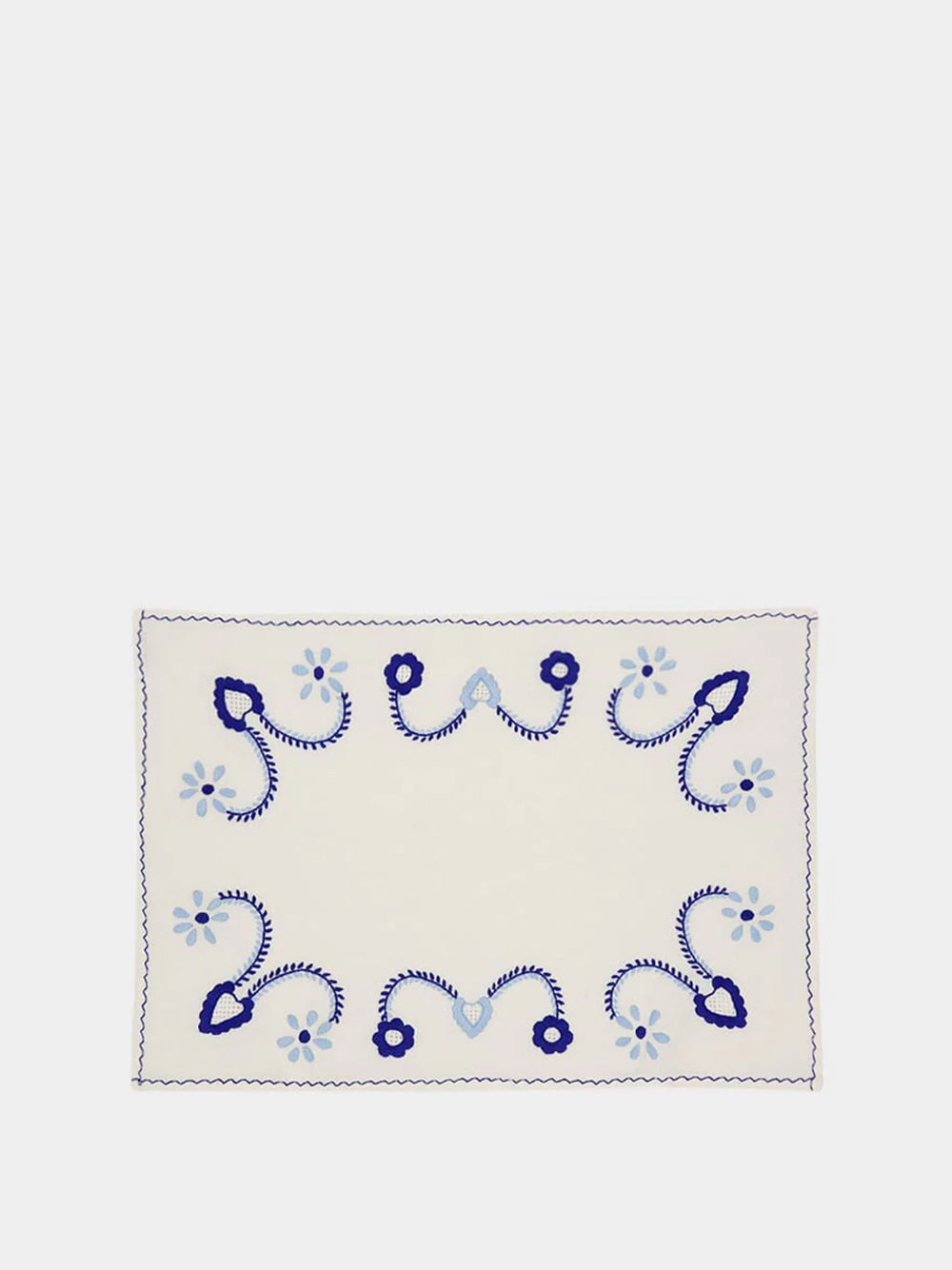 Hand-Embroidered Viana White Linen with Blue Embroidery Placemat and Napkin Set