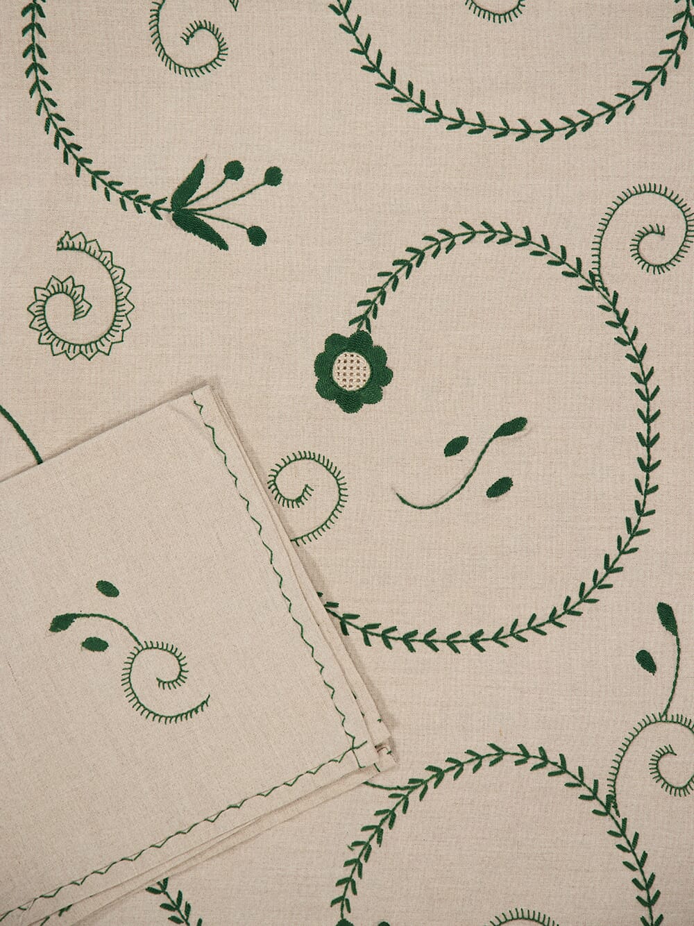 Hand Embroidered Viana Beige and Green Tablecloth and Napkin Set