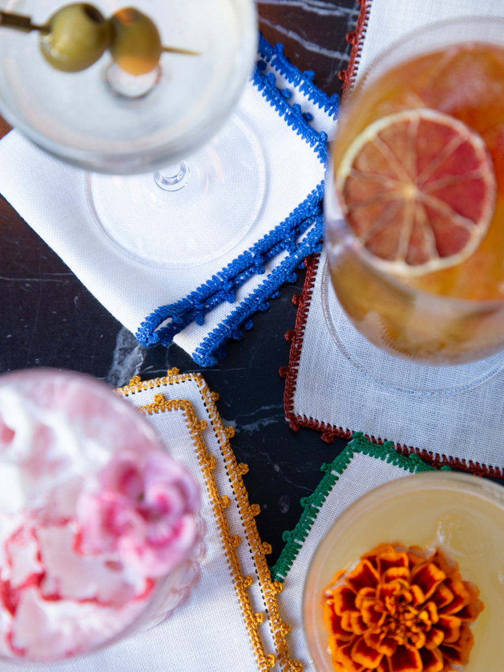 Hand Embroidered Teresa White and Yellow Cocktail Napkin