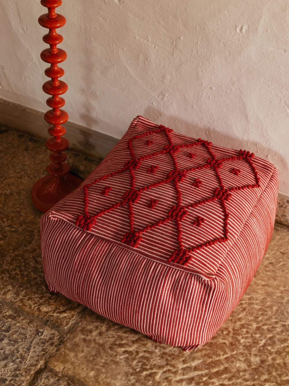 Handmade Sofia Red Mixed Recycled Fibres Ottoman