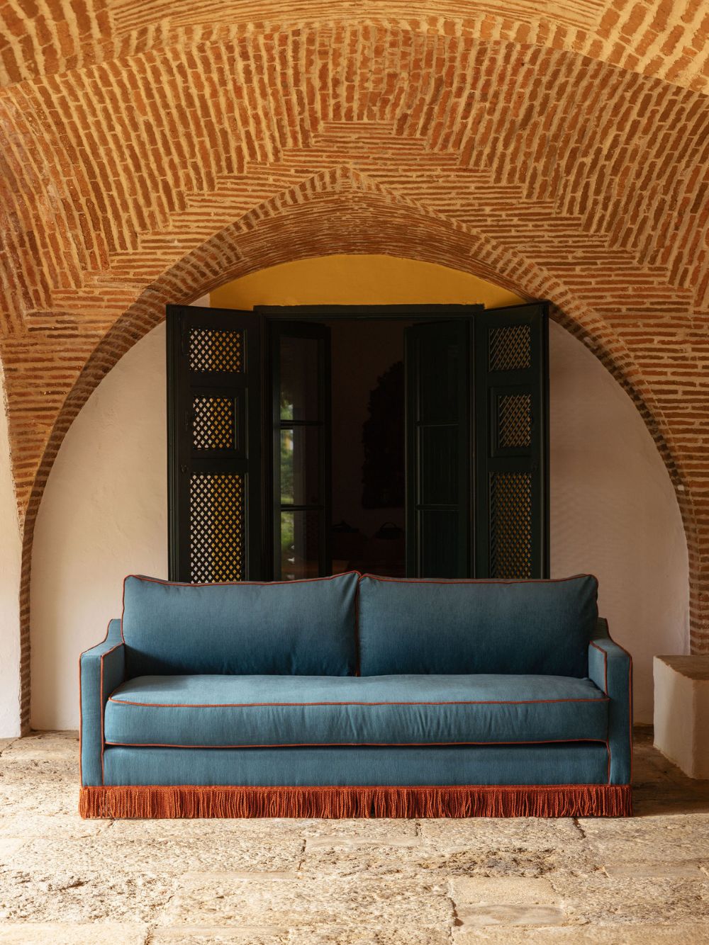 Afonso Wood and Velvet Blue Sofa