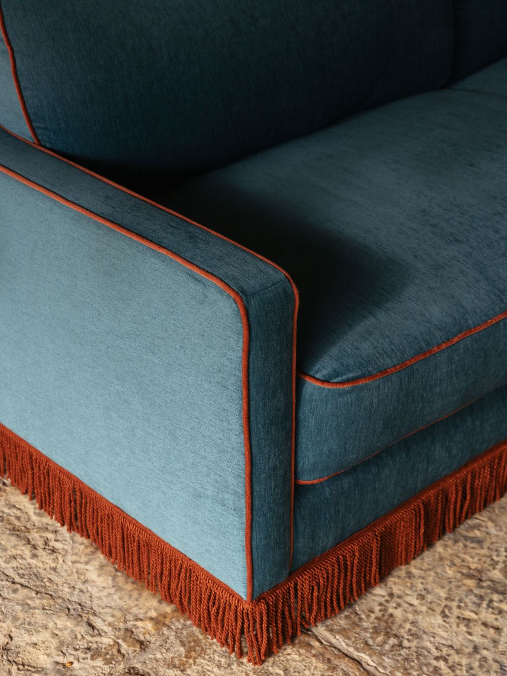 Afonso Wood and Velvet Blue Sofa