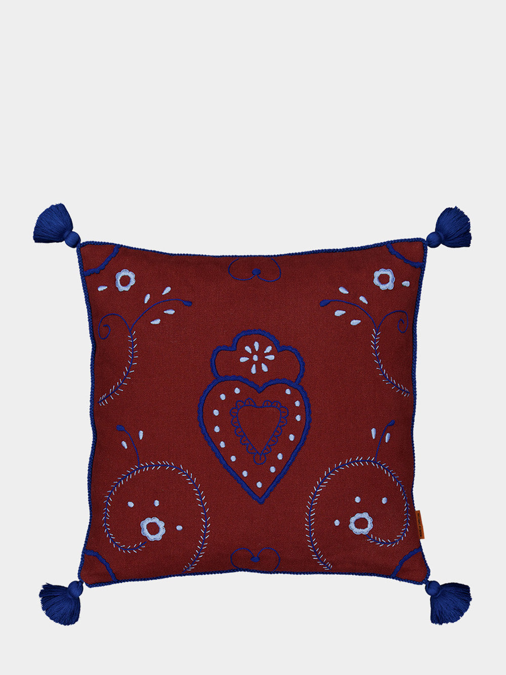 Hand-Embroidered Viana Bordeaux Linen with Blue Embroidery Cushion