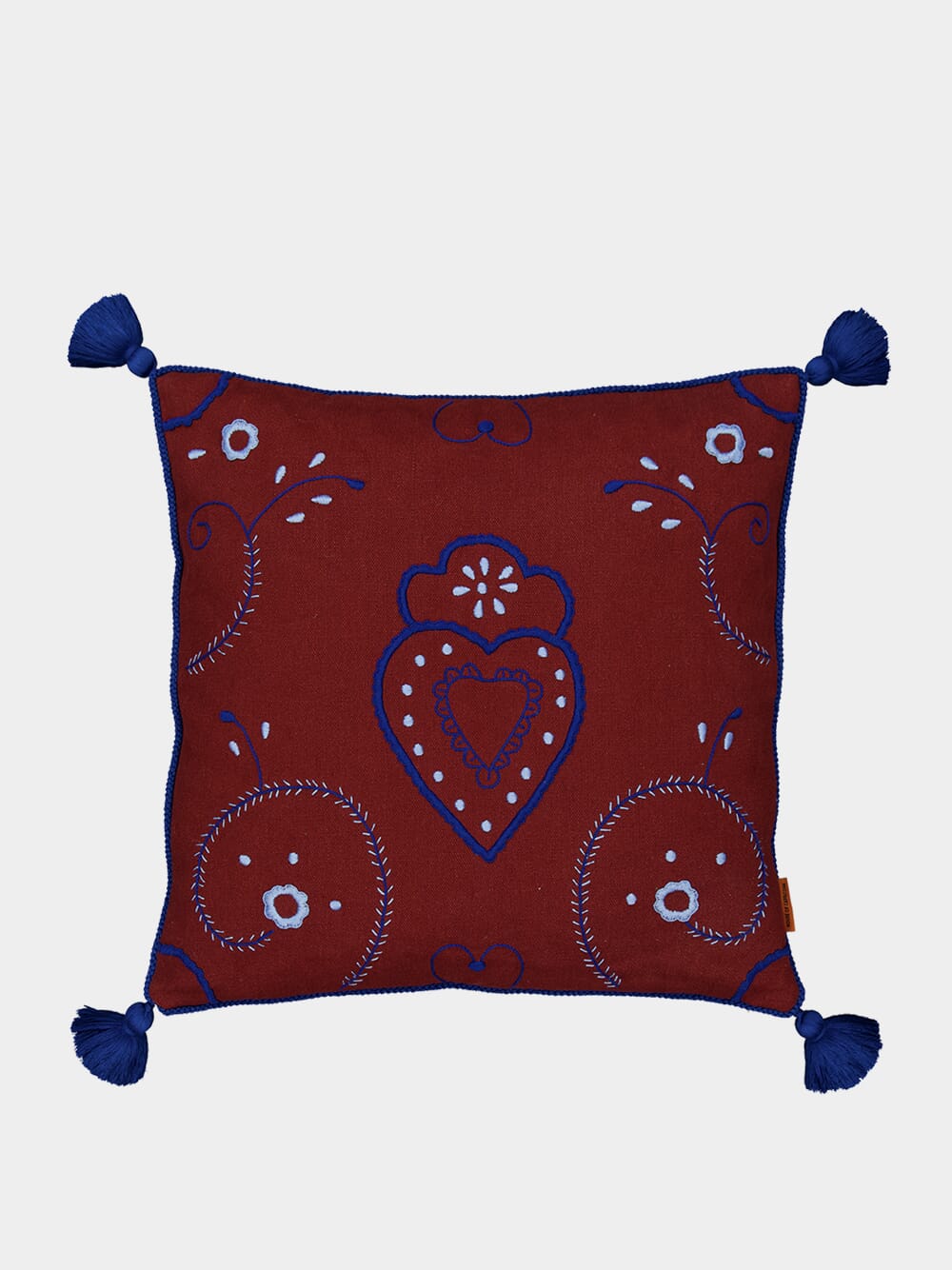 Hand-Embroidered Viana Bordeaux Linen with Blue Embroidery Cushion