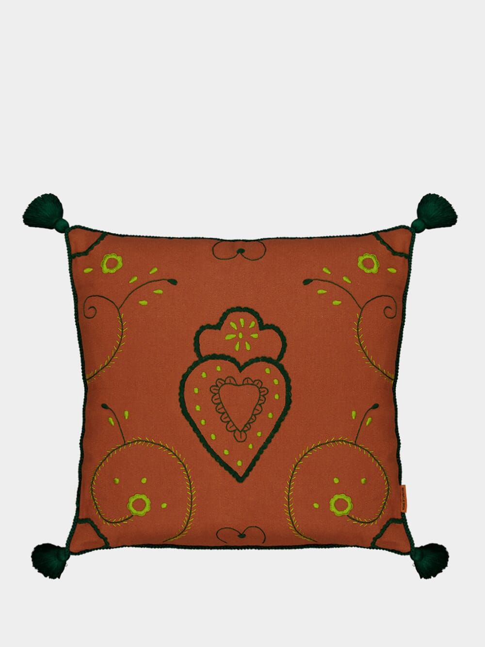 Hand-Embroidered Viana Brick Linen with Green Embroidery Cushion