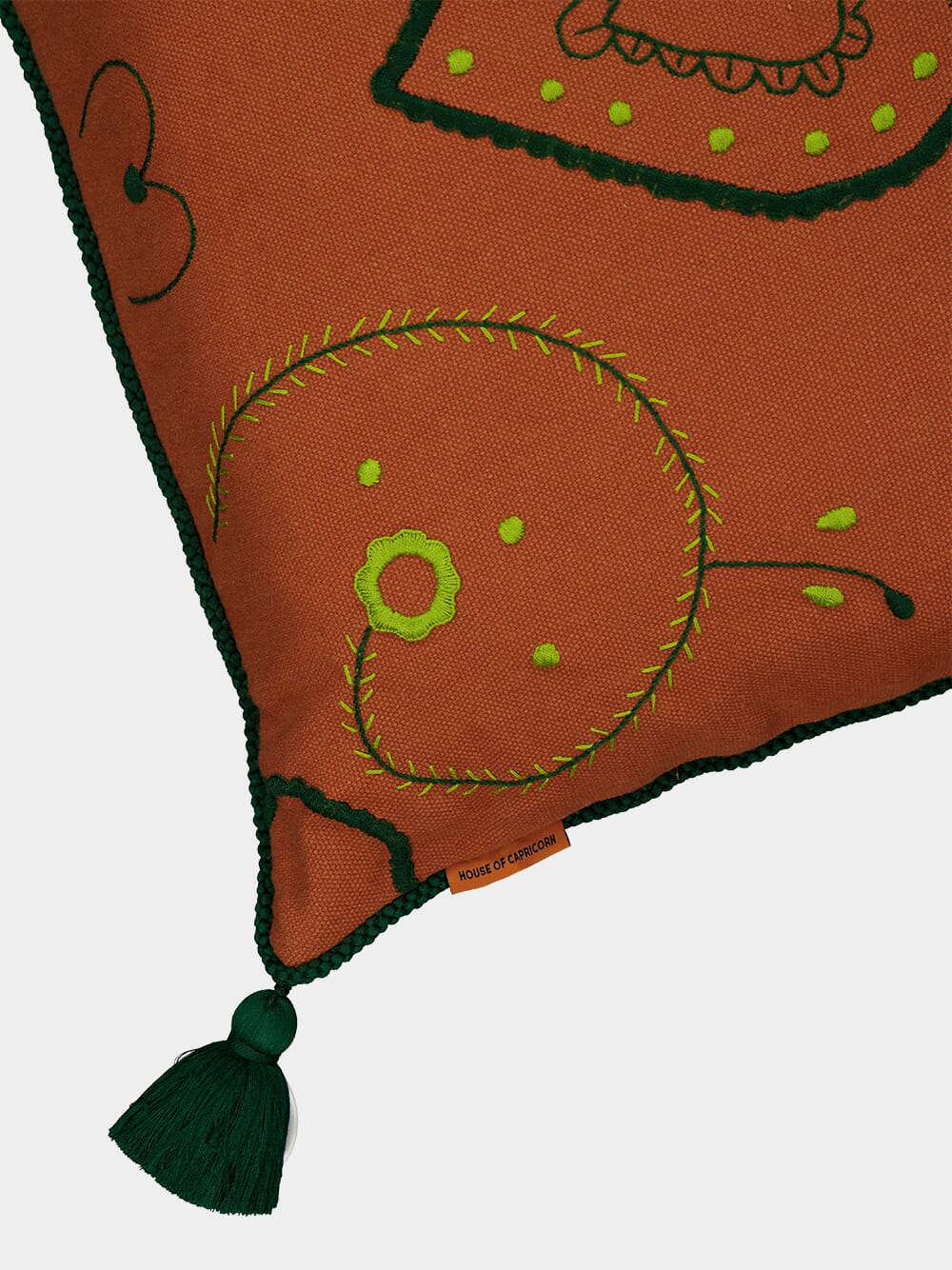 Hand-Embroidered Viana Brick Linen with Green Embroidery Cushion