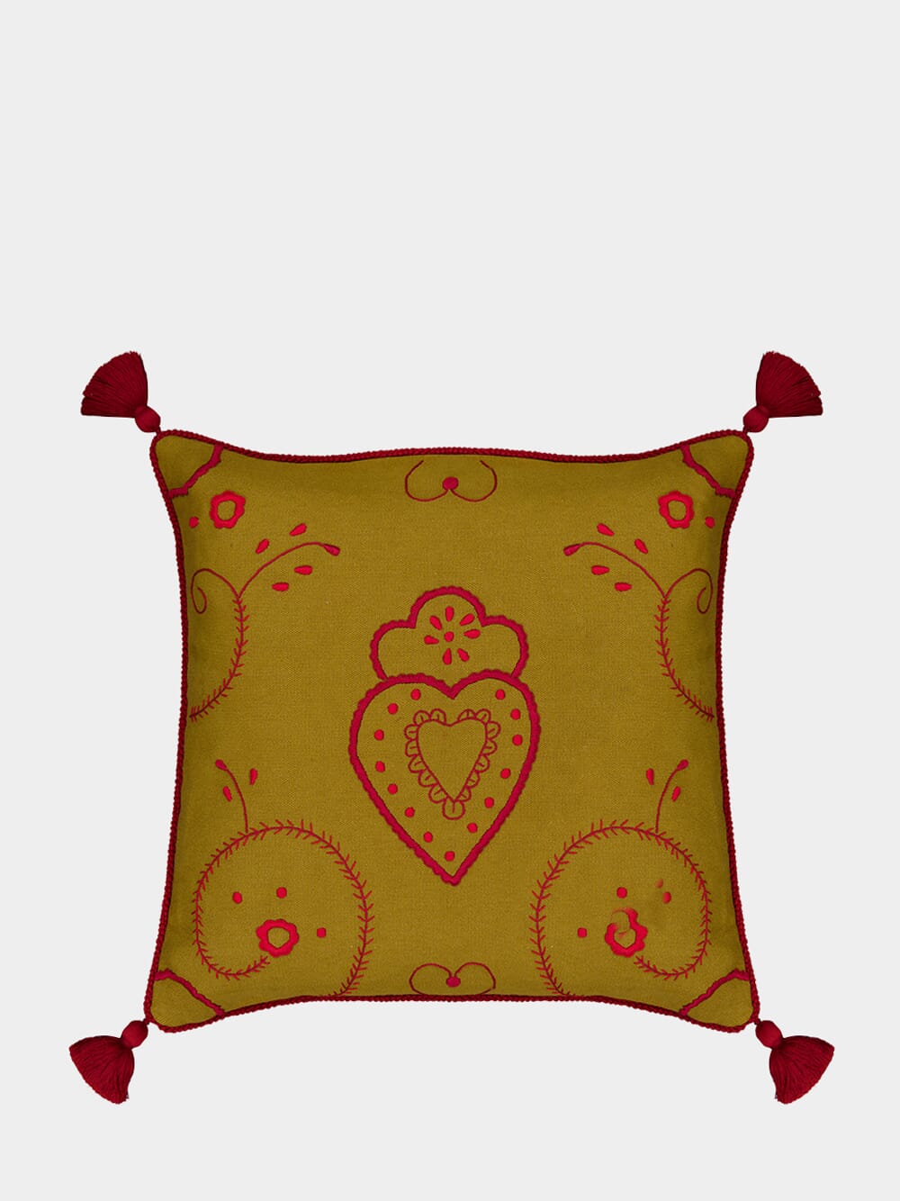 Hand-Embroidered Viana Mustard Linen Cushion
