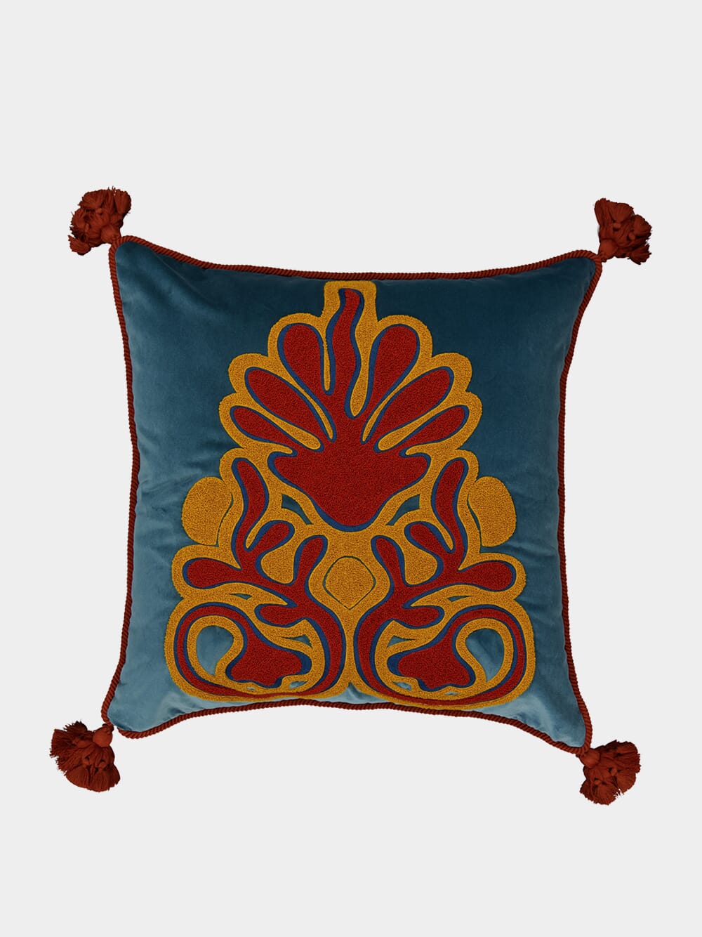 Afonso Blue Velvet and Chenille Embroidered Cushion