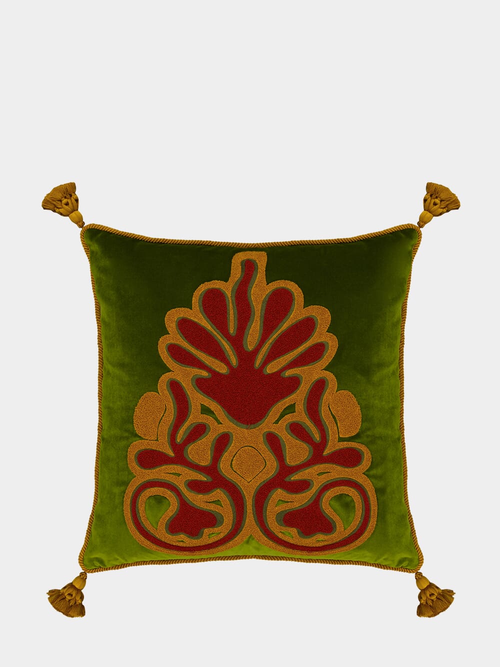 Afonso Green Velvet and Chenille Embroidered Cushion