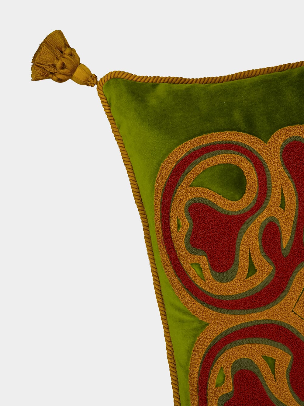 Afonso Green Velvet and Chenille Embroidered Cushion