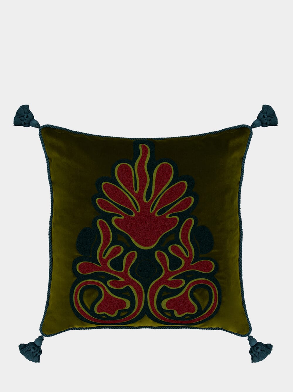 Afonso Dark Green Velvet and Chenille Embroidered Cushion
