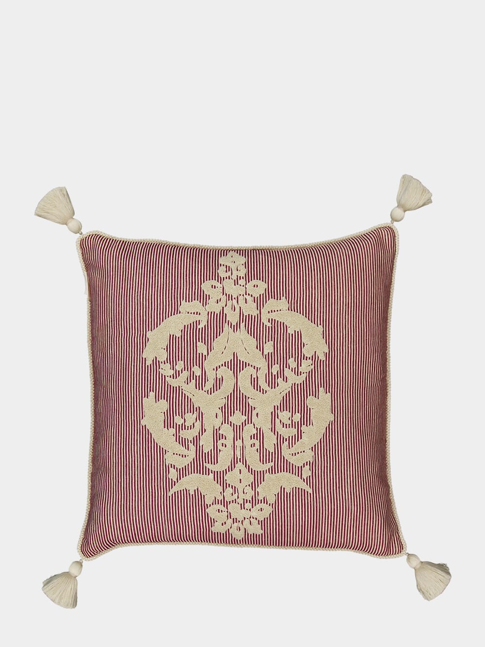 Dinis Bordeaux Striped Cotton and Chenille Embroidered Cushion