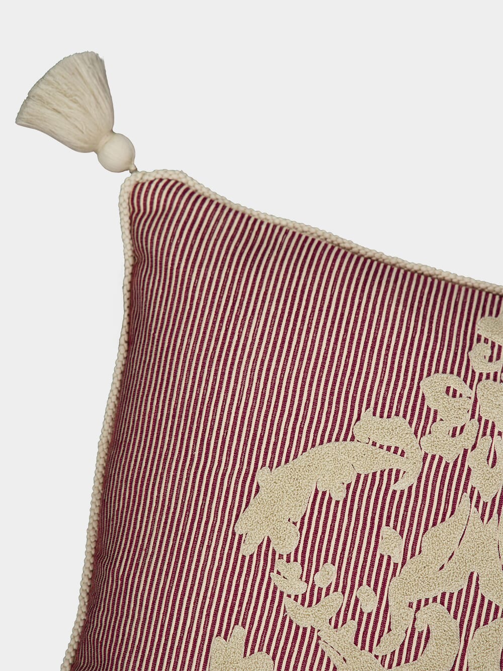 Dinis Bordeaux Striped Cotton and Chenille Embroidered Cushion