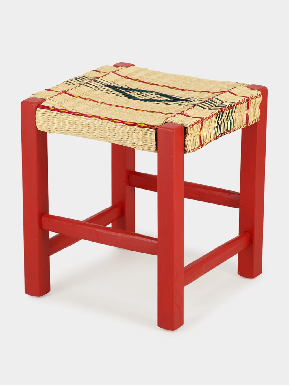Handmade Coruche Red Wood and Multicoloured Reed Stool