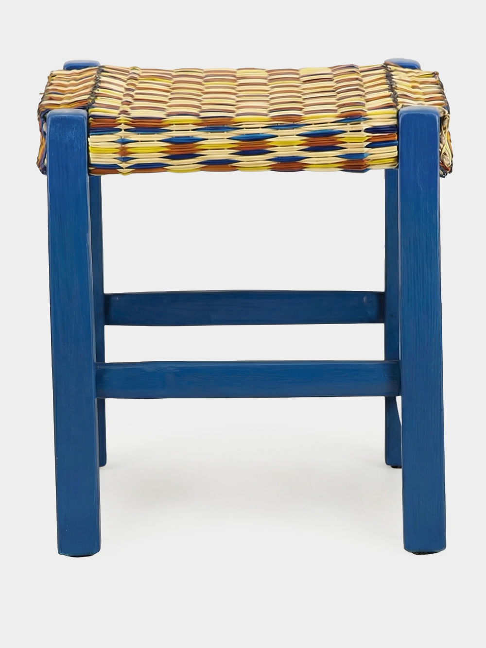 Handmade Coruche Blue Wood and Multicoloured Reed Stool