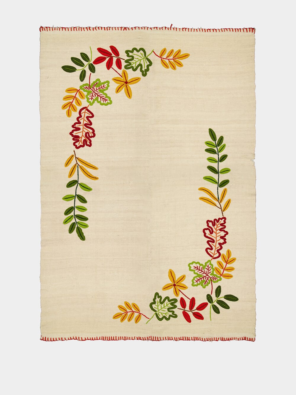 Hand-Embroidered Mécia Natural Wool Leaf Embroidered Blanket
