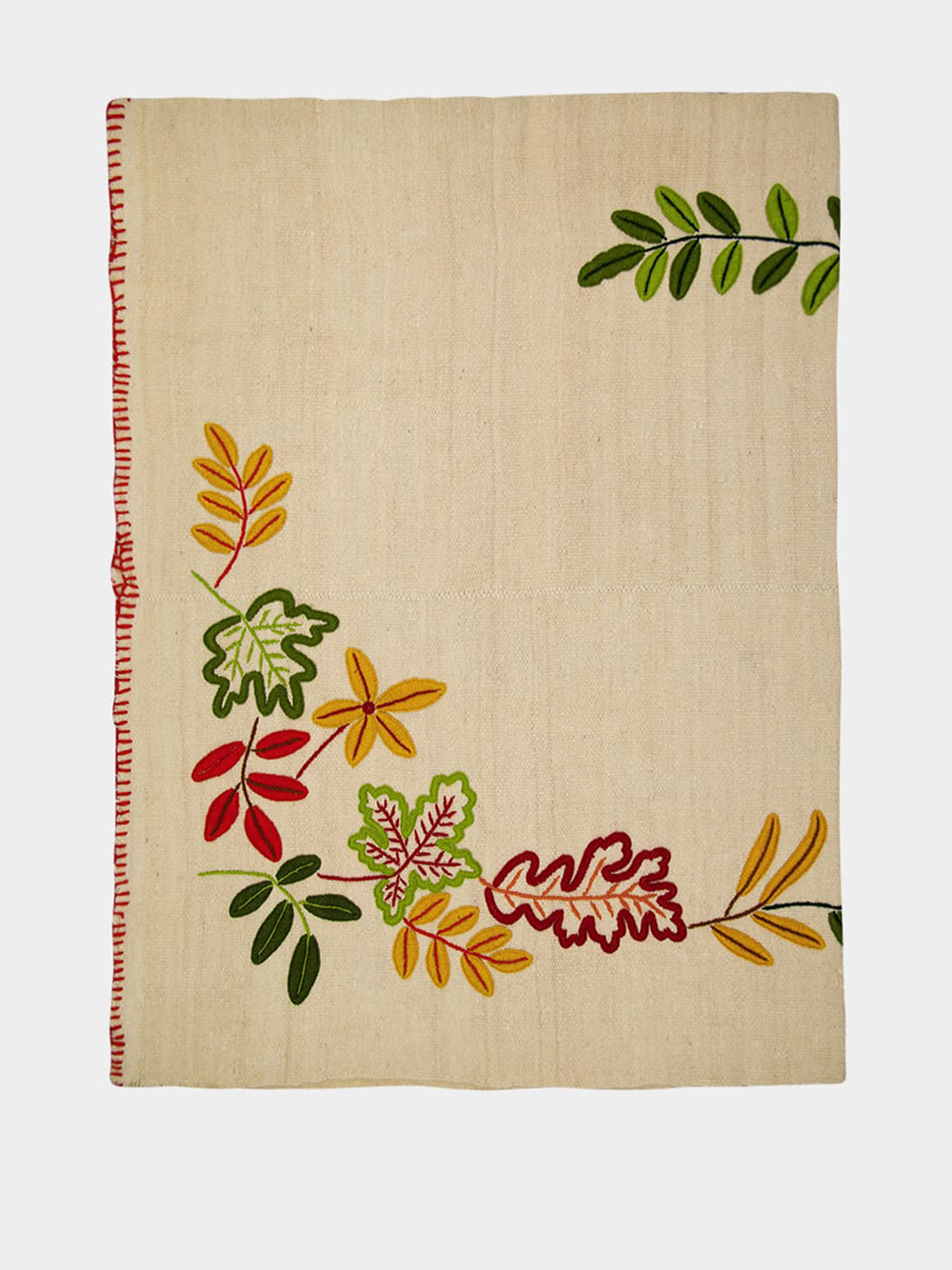 Hand-Embroidered Mécia Natural Wool Leaf Embroidered Blanket