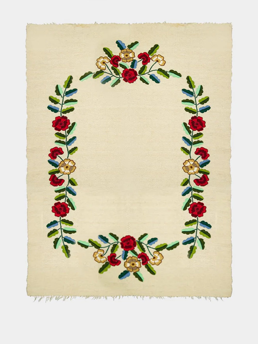 Hand-Embroidered Mécia Natural Wool Flower and Leaf Embroidered Blanket
