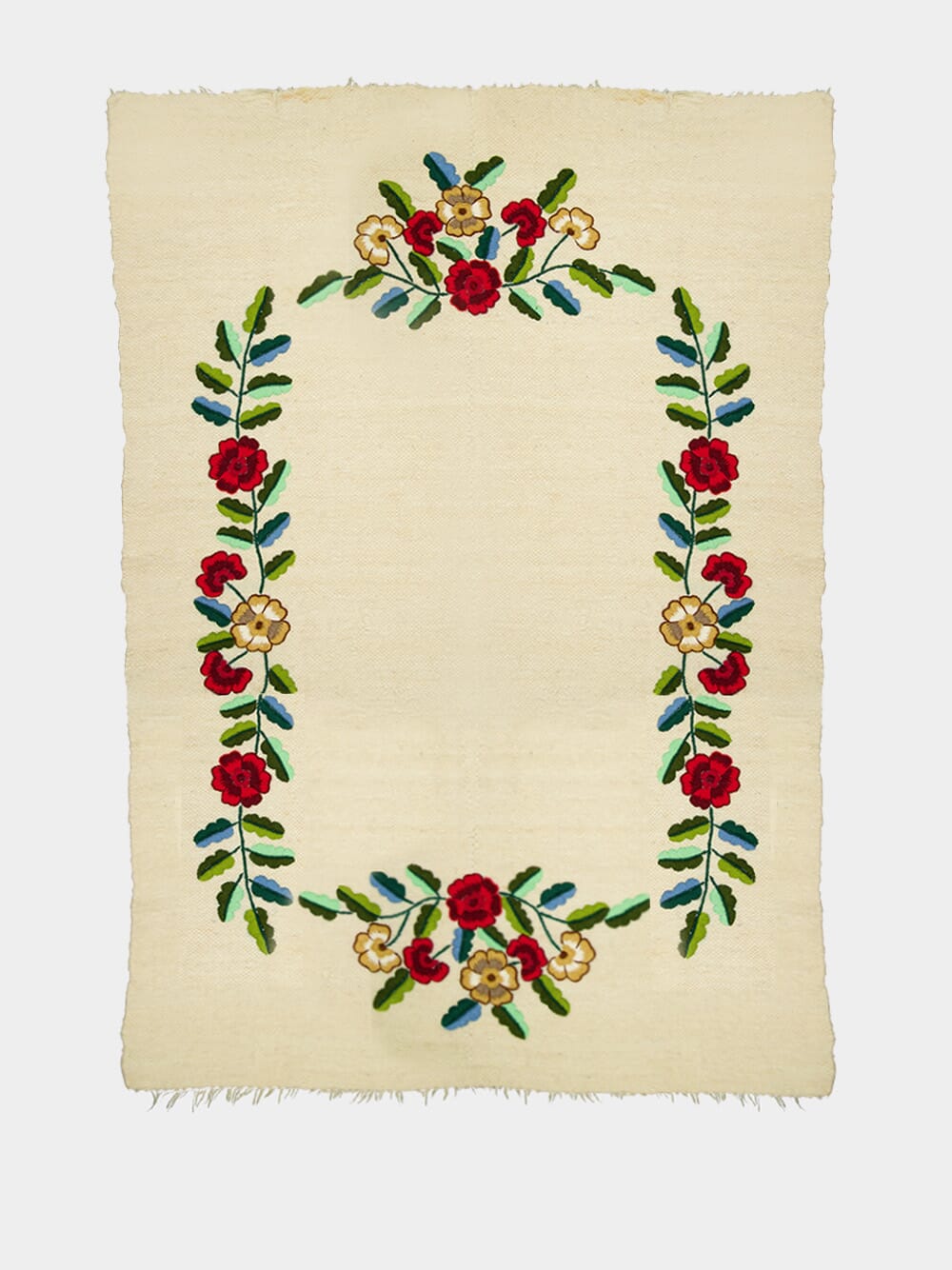 Hand-Embroidered Mécia Natural Wool Flower and Leaf Embroidered Blanket