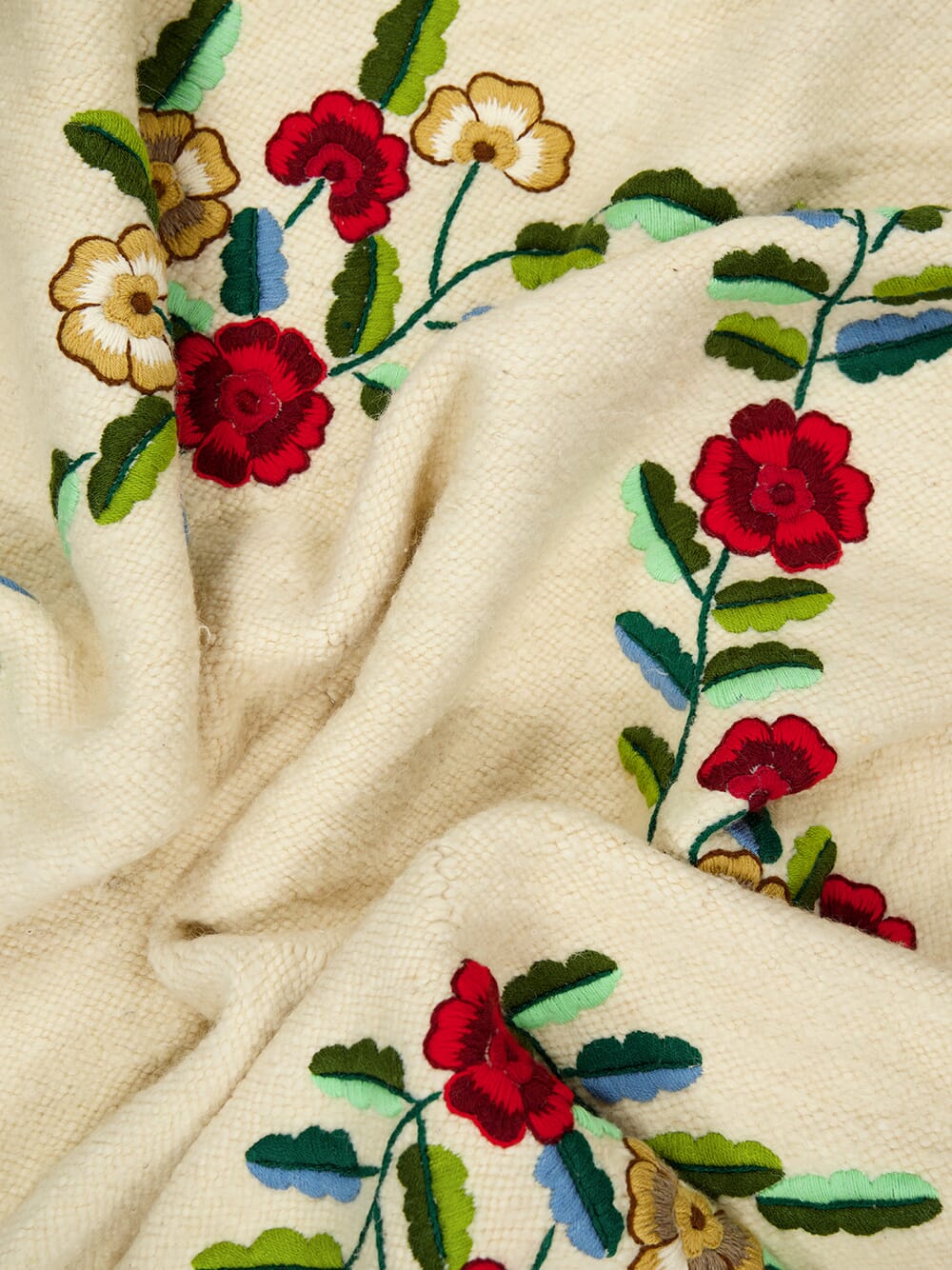 Hand-Embroidered Mécia Natural Wool Flower and Leaf Embroidered Blanket
