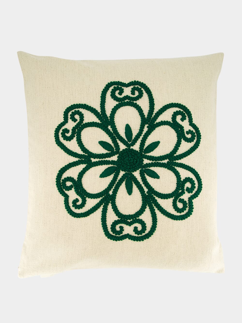 Handmade Florea Natural Linen and Dark Green Embroidered Cushion
