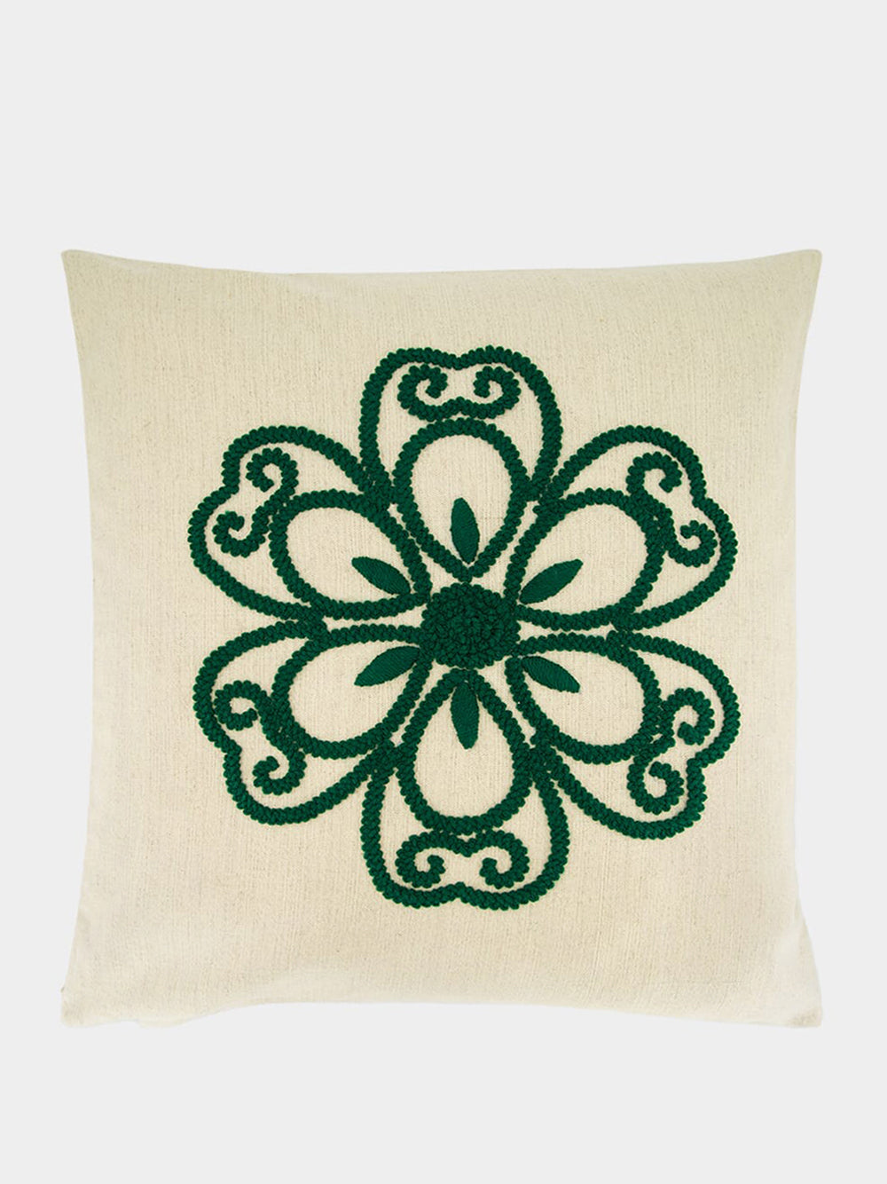 Handmade Florea Natural Linen and Dark Green Embroidered Cushion