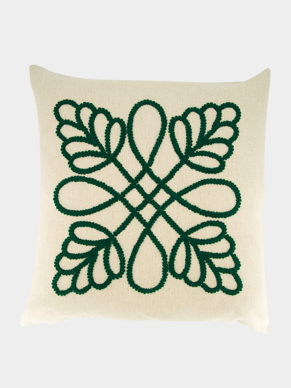 Handmade Florea Natural Linen and Dark Green Embroidered Cushion