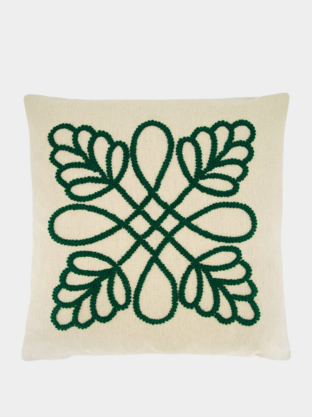 Handmade Florea Natural Linen and Dark Green Embroidered Cushion