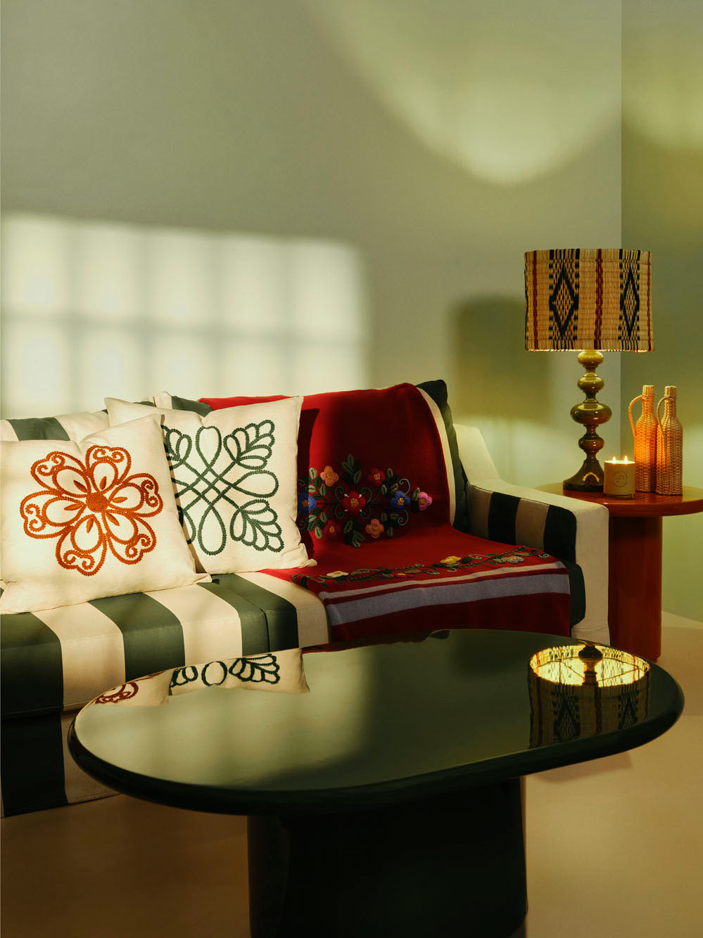 Handmade Florea Natural Linen and Dark Green Embroidered Cushion