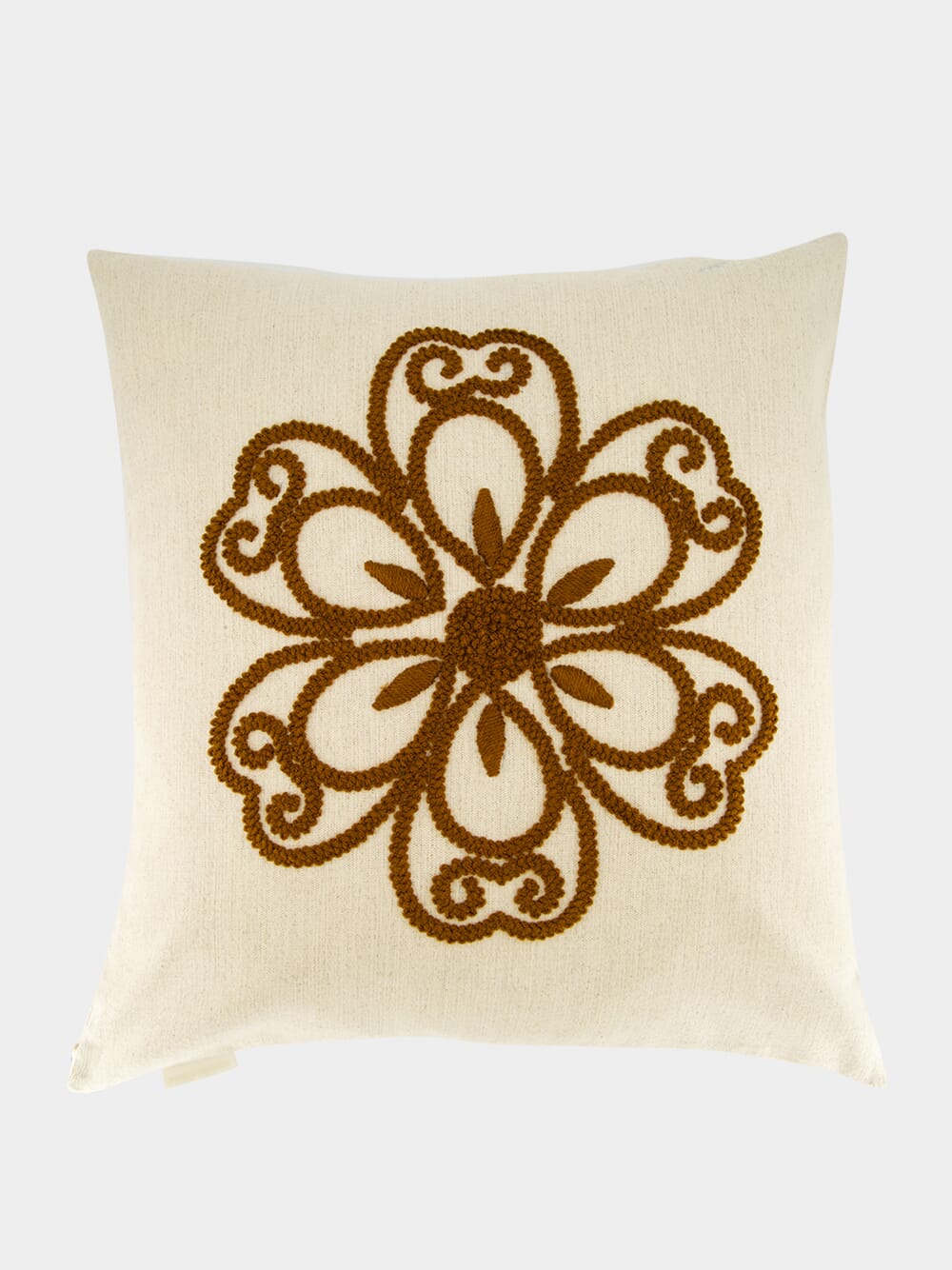 Handmade Florea Natural Linen and Brown Embroidered Cushion