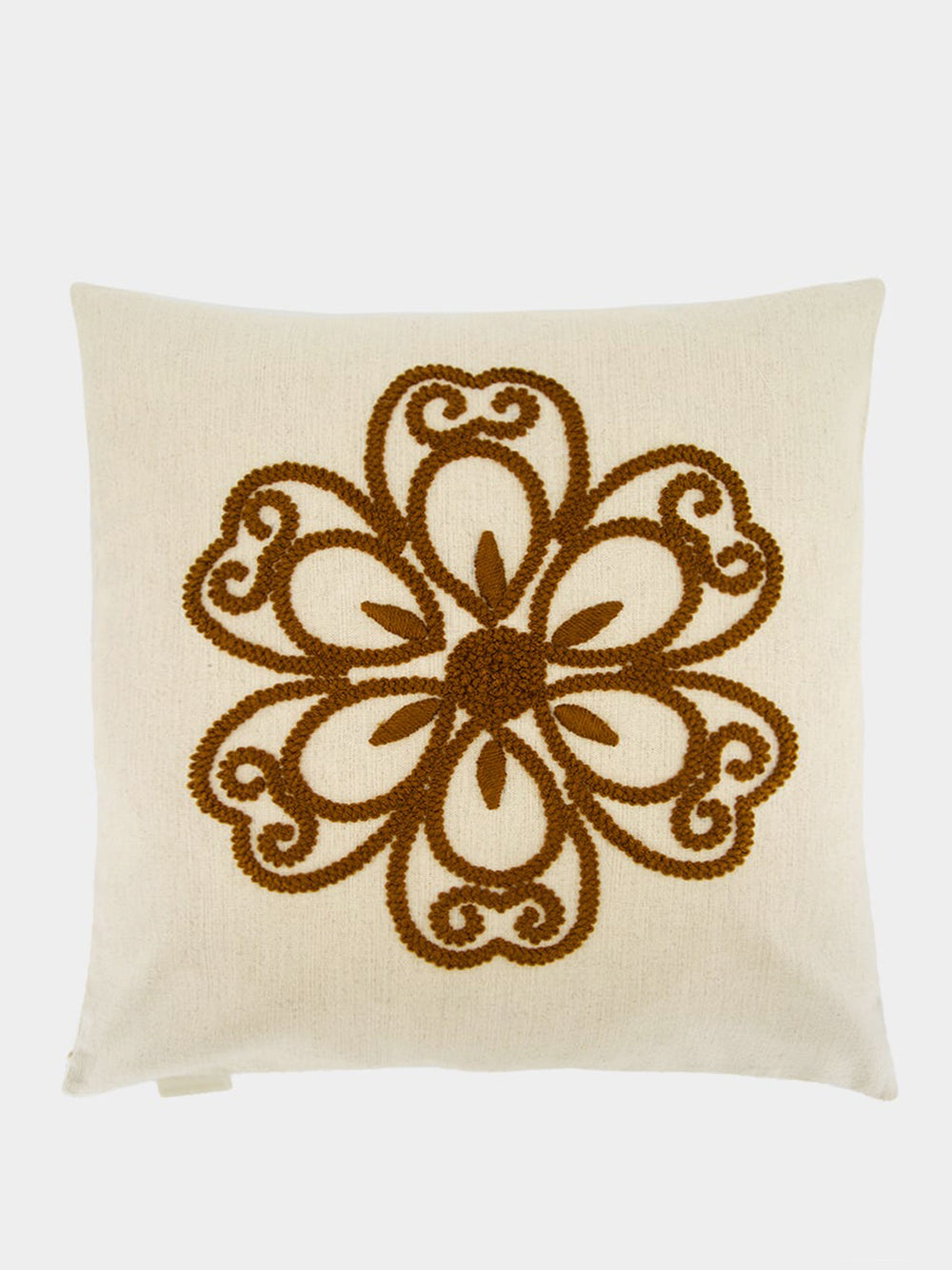 Handmade Florea Natural Linen and Brown Embroidered Cushion