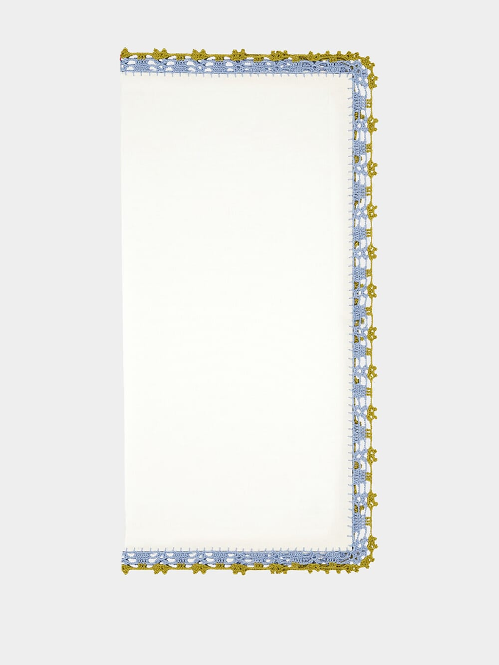 Hand-Embroidered Leonor Ecru Linen with Blue and Green Crochet Napkin