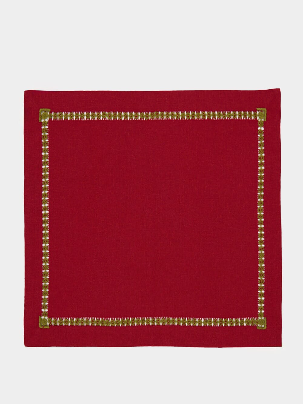 Hand-Embroidered Maria Bordeaux Linen with Green Embroidery Napkin