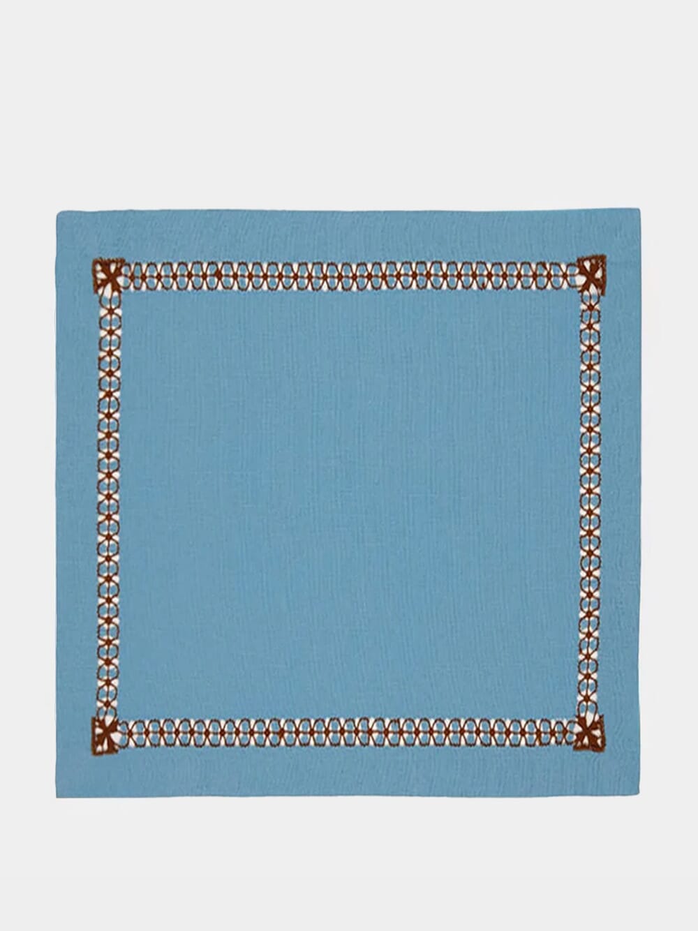 Hand-Embroidered Maria Turquoise Linen with Brown Embroidery Napkin