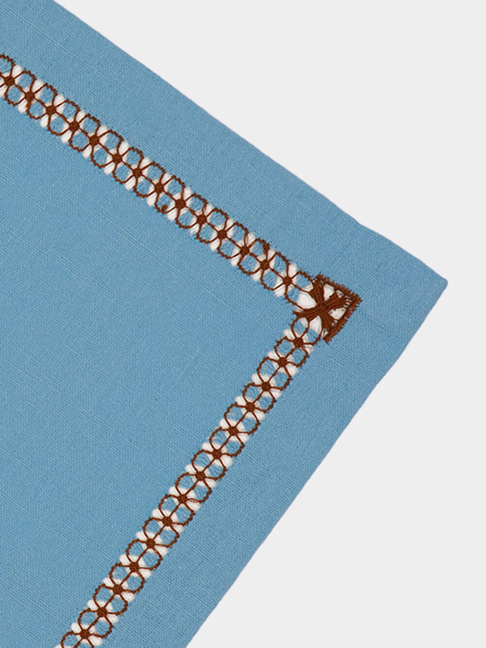 Hand-Embroidered Maria Turquoise Linen with Brown Embroidery Napkin