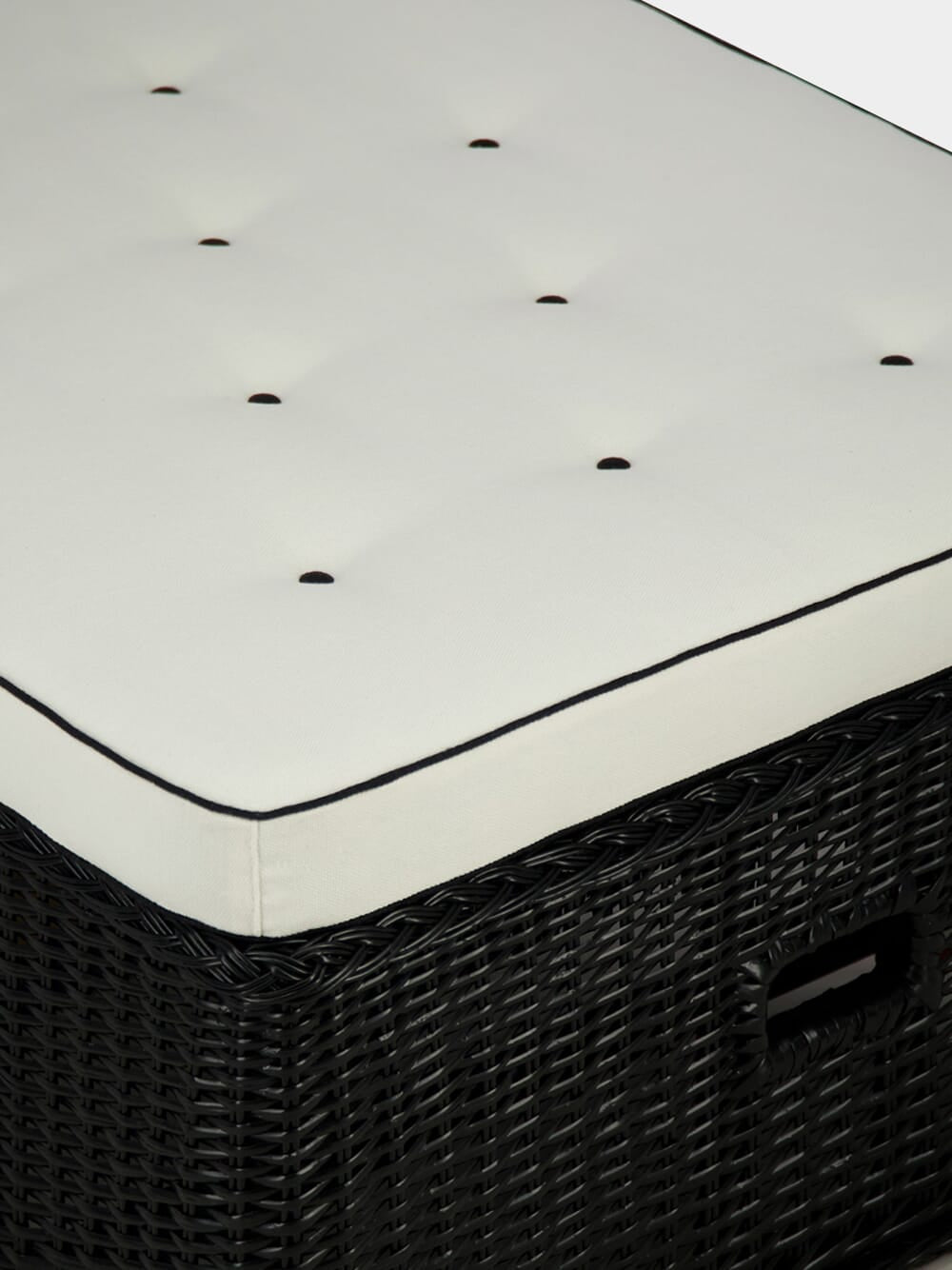 Handmade Furnas Black Wicker and Ivory Linen Ottoman