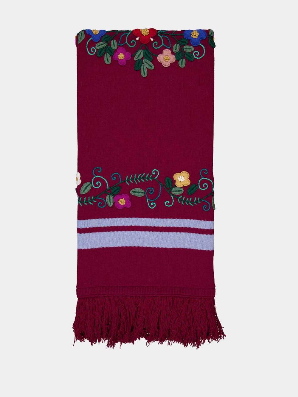 Hand-Embroidered Frésia Bordeaux Wool Blanket