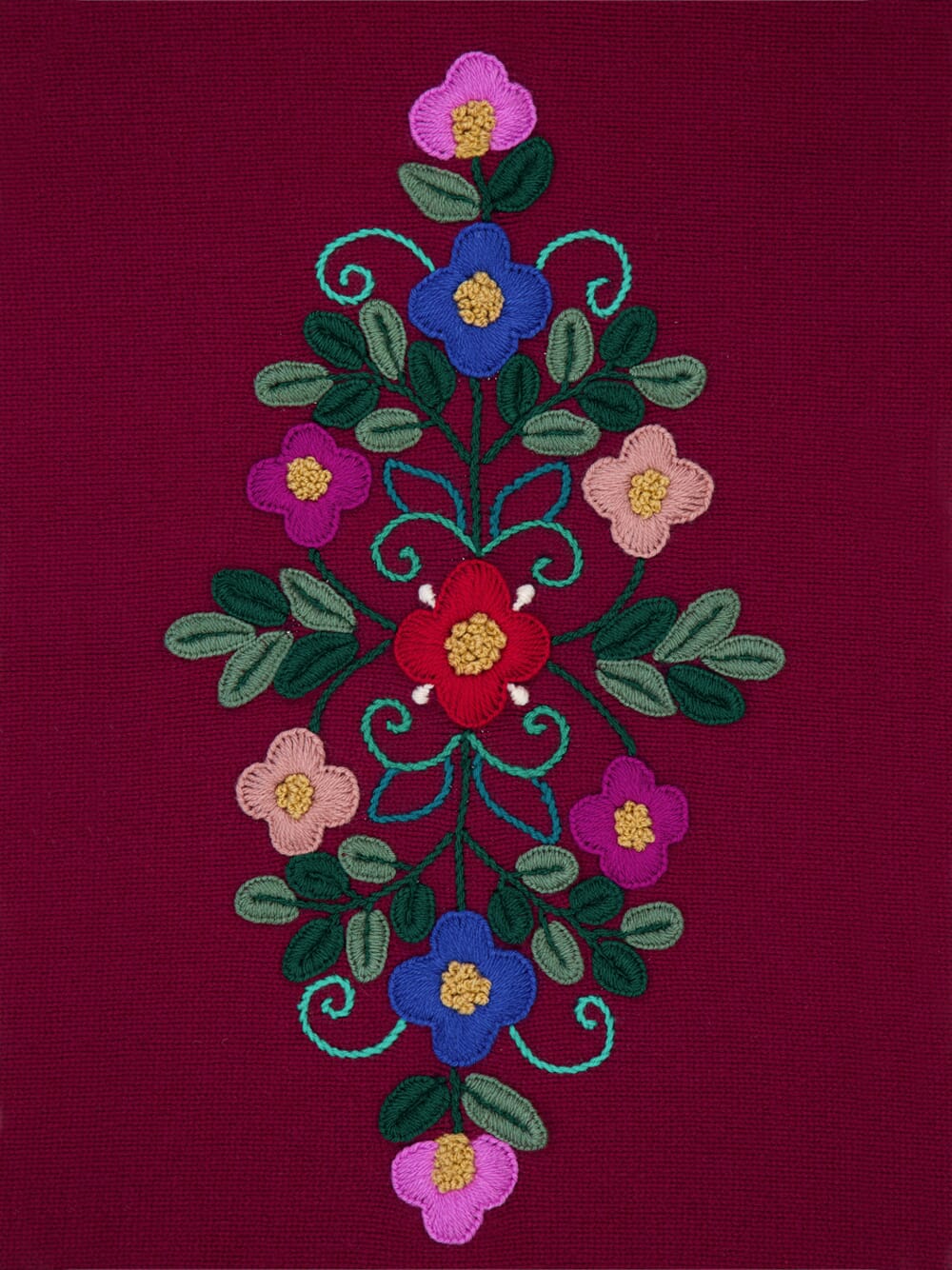 Hand-Embroidered Frésia Bordeaux Wool Blanket
