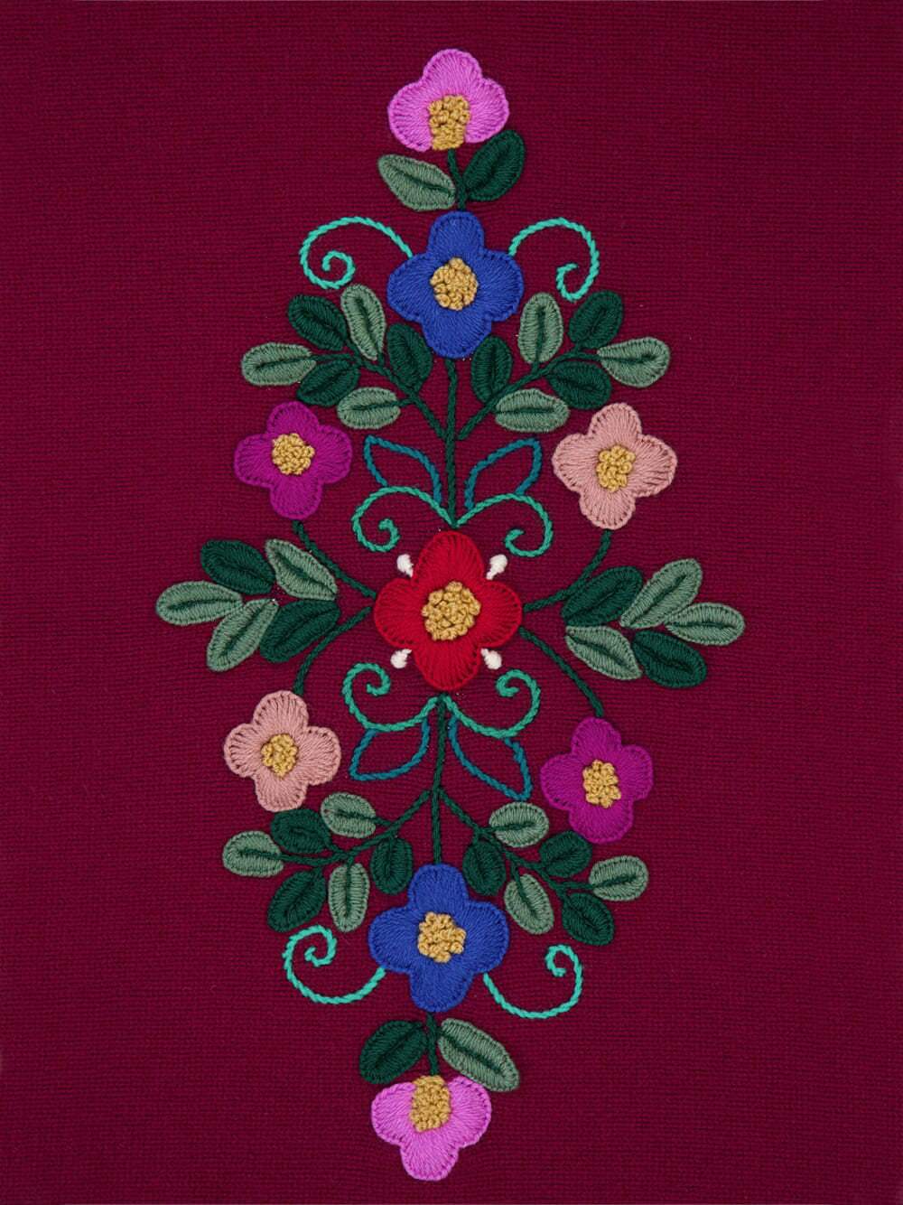 Hand-Embroidered Frésia Bordeaux Wool Blanket