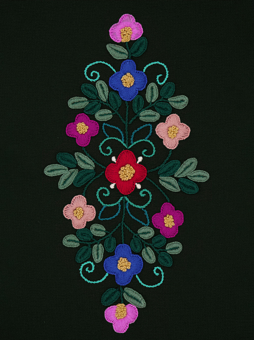 Hand-Embroidered Frésia Dark Green Wool Blanket