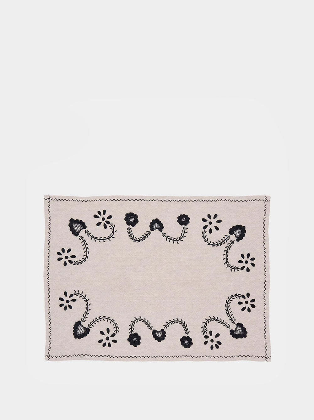 Hand-Embroidered Viana Beige Linen With Black Embroidery Placemat and Napkin Set