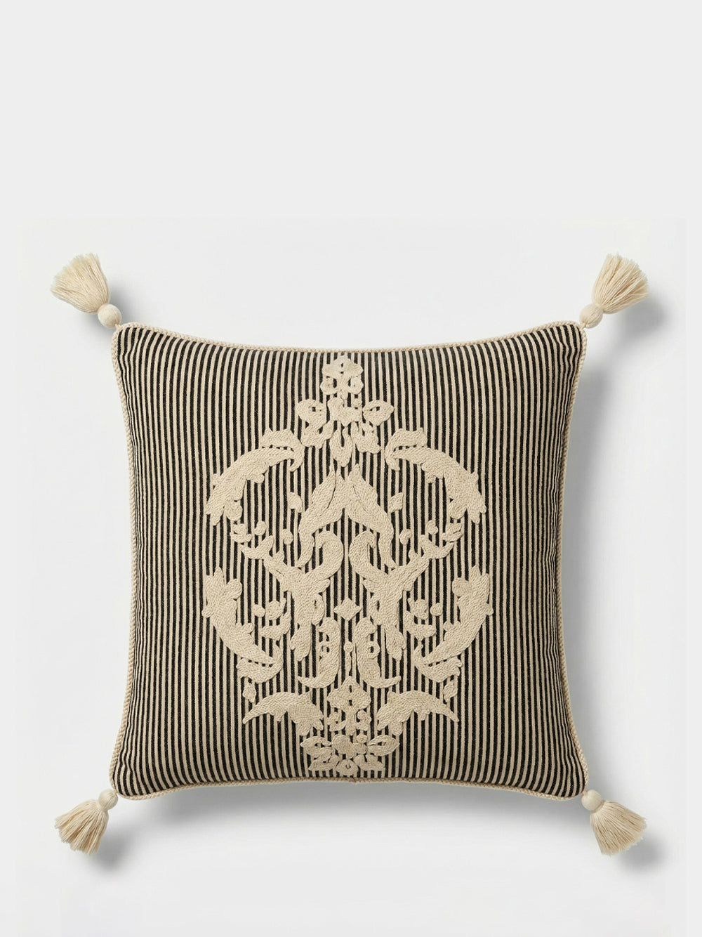 Bourbon Black Stripped Cotton and Chenille Embroidered Cushion