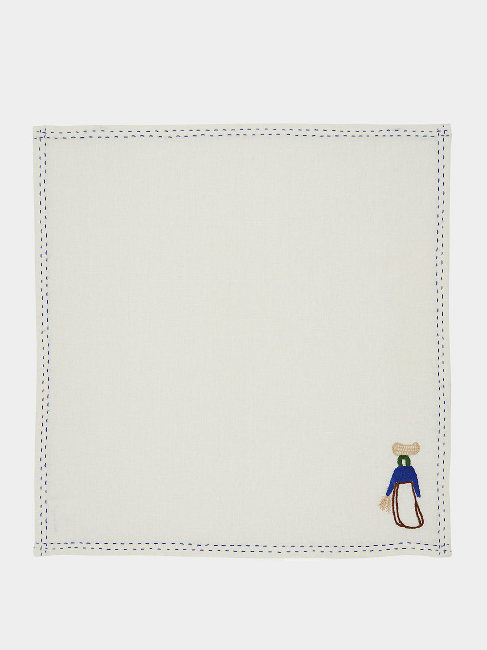 Hand-Embroidered Comporta The Harverster White Linen with Multicolour Embroidery Napkin