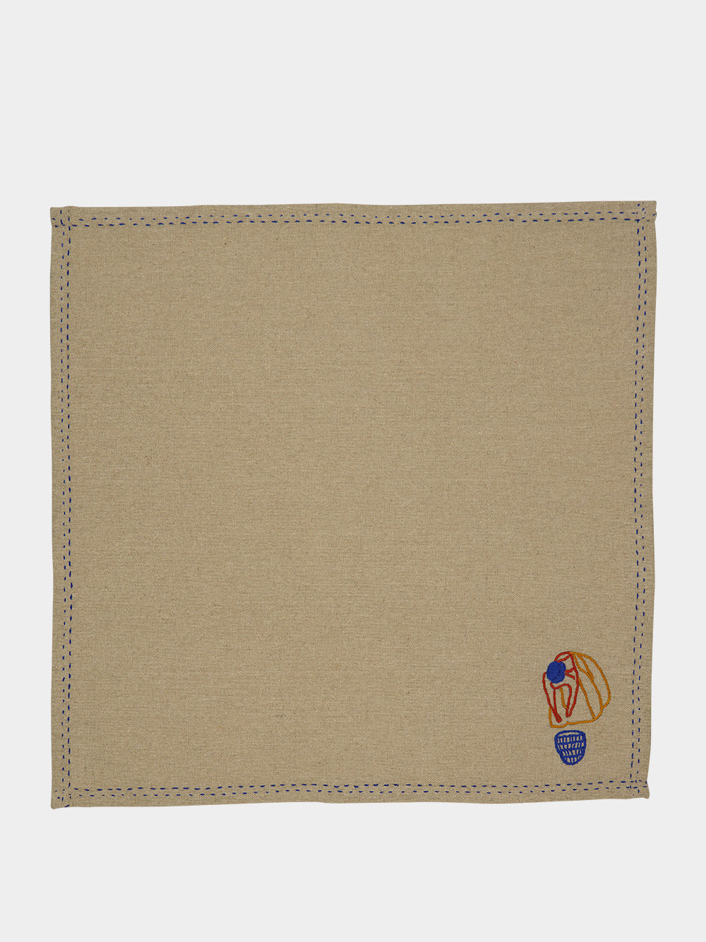 Hand-Embroidered Comporta The Farmer Beige Linen with Multicolour Embroidery Napkin