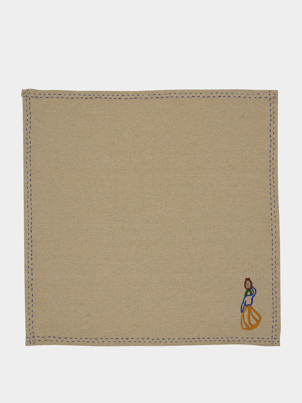 Hand-Embroidered Comporta The Water Carrier Beige Linen with Multicolour Embroidery Napkin