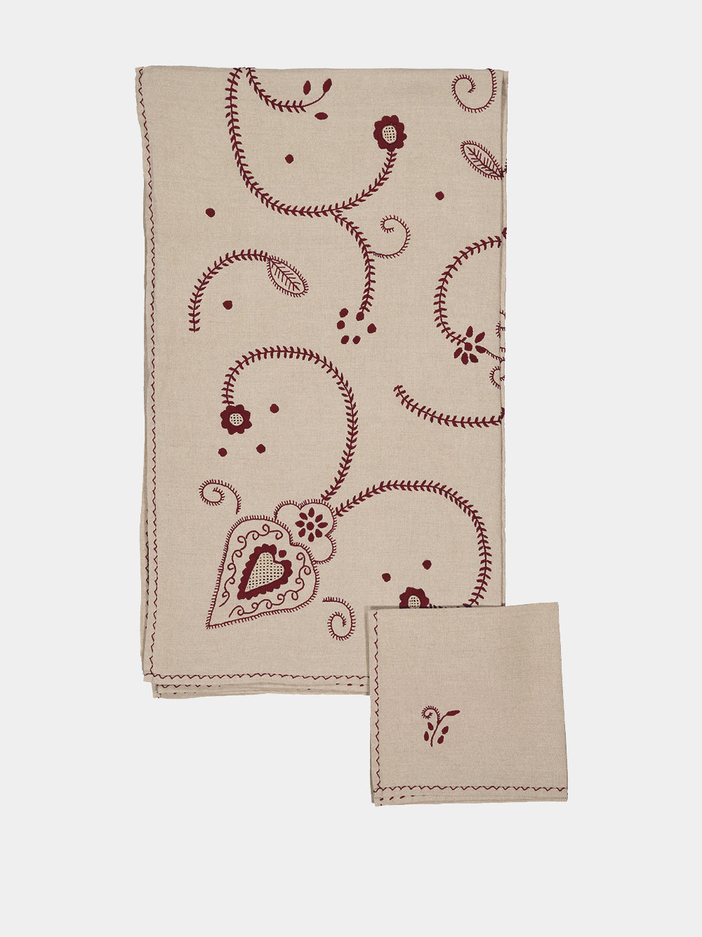 Hand-Embroidered Viana Beige Linen with Red Embroidery Tablecloth and Napkin Set