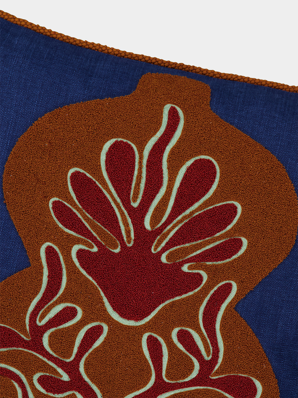 Teles Blue Cotton Linen and Chenille Embroidered Cushion